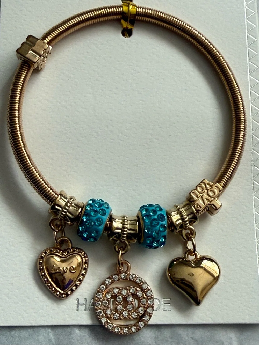 Gold-Tone Heart Charm Bracelet with Blue Crystal Beads - Handmade